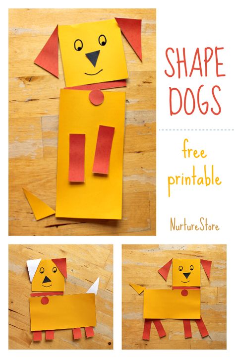 Combine math and art lesson, learn about shapes activity, art activity for animal topic, easy dog craft, fun shape craft printable Preschool Pet Activities, Animals Free Printable, Shape Animals, Dog Craft, Shape Activities Preschool, Pets Preschool Theme, Printable Dog, Shapes Preschool, Learning Shapes