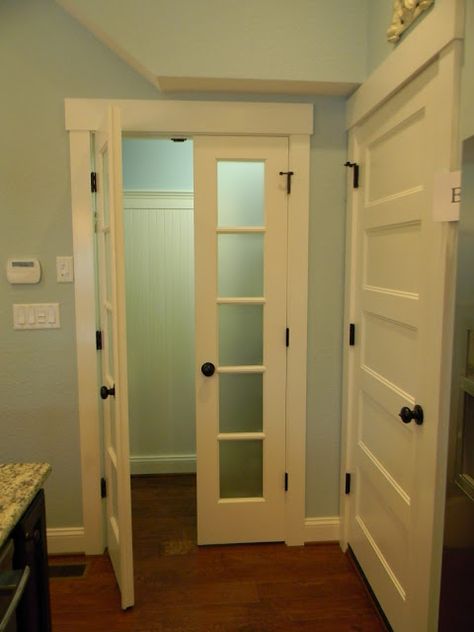 LOVE the door trim!!! Small French Doors Interior, Narrow Interior French Doors, Small French Doors Bedroom, Narrow French Doors Interior, Library Doors, Seaside Interiors, Bathroom French Doors, Narrow French Doors, Small French Doors