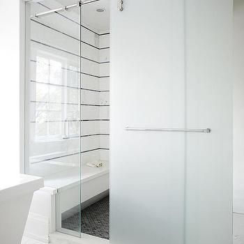 Frosted Glass Sliding Shower Door on Rails Striped Tiles, Frosted Shower Doors, Frosted Glass Shower Door, Frosted Glass Barn Door, Shower Door Designs, Shower Sliding Glass Door, Framed Shower Door, White Barn Door, Striped Tile