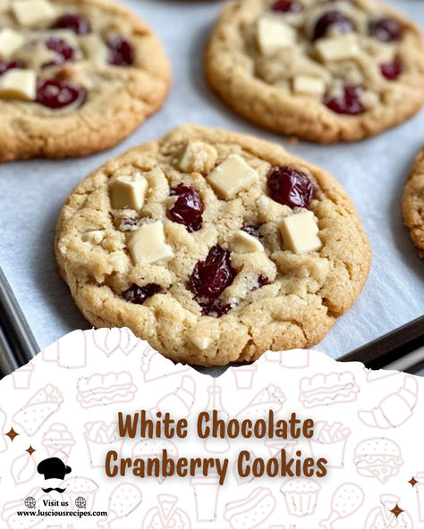 Indulge in the ultimate White Chocolate Cranberry Cookies! Sweet, tart, and perfectly chewy—these cookies are a delightful treat for any occasion. Bake your batch today! White Chocolate Cranberry Pecan Cookies, Cranberry And White Chocolate Cookies, Cranberry Cookies White Chocolate, White Choc Chip Cookies, Cranberry White Chocolate Cookies, Craisin Cookies, Chocolate Cranberry Cookies, Cranberry Cookies Recipes, White Chocolate Cranberry Cookies