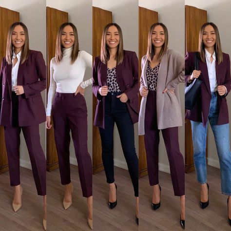 Work Staples For Women, Womens Presentation Outfit, Court Outfits For Women Winter, Burgundy Suit For Women, Women's Fashion Work Office Style, Jewel Tone Business Casual, Elegant Business Outfit Professional, Business Casual Outfits Monochromatic, Elegant Office Outfit Work Chic