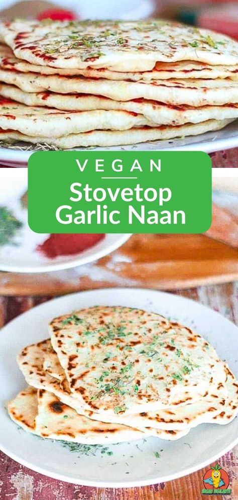 This piping hot vegan garlic naan is made right on your stove top without any yeast. An easy vegan garlic naan recipe that's ready in less than 30 minutes. The most perfect Indian bread recipe. #vegangarlicnaan #vegangarlicnaanrecipe #vegangarlicnaanbread #vegangarlicnaanbreadrecipe #easy #indianbreadrecipe Vegan Naan Bread No Yeast, Vegan Garlic Naan, Naan Bread Recipe No Yeast, Naan No Yeast, Easy Vegan Naan, Vegan Naan Bread, Garlic Naan Recipe, Indian Bread Recipes, Vegan Naan