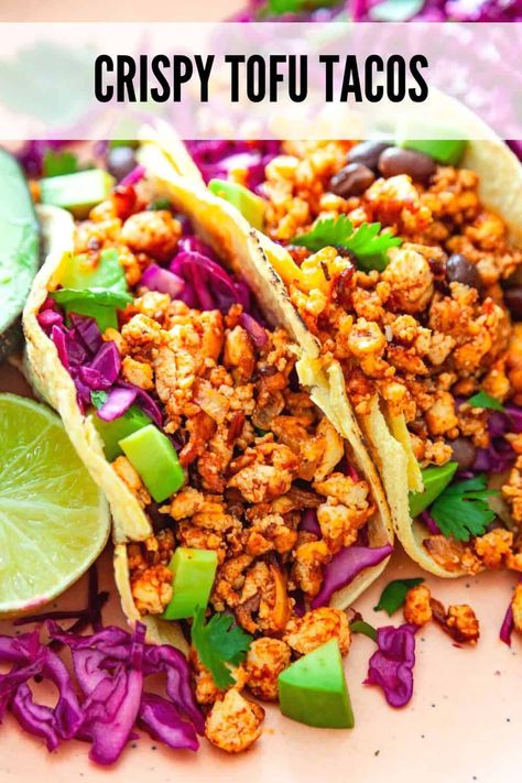 These easy tofu tacos are made with crispy, salty, perfectly seasoned tofu crumbles. The tofu has a perfect balance of salty, sweet and smoky flavors that taste incredible with black beans, avocado and all your favorite taco fixings. Tofu Crumbles, Taco Fixings, Seasoned Tofu, Easy Tofu, Tofu Tacos, Crispy Tofu, Bean Curd, Tofu Recipes, Taco Recipes