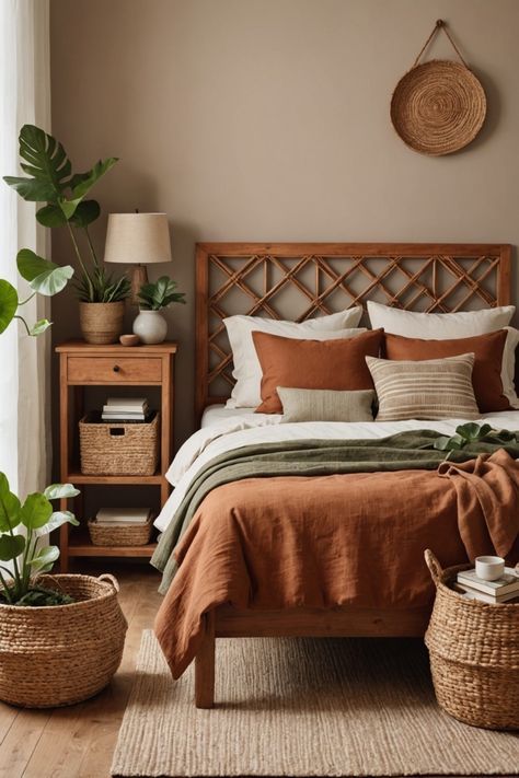 Neutral Orange Bedroom, Bedroom Terracotta Bedding, Rust And Cream Bedding, Complementary Colors Bedroom, Jade Bedroom Walls, Terracotta And Tan Bedroom, Boho Brown Bedroom, Terracotta Comforter Bedroom Ideas, Taupe And Terracotta Bedroom