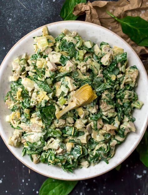 Spinach Artichoke Chicken Salad - WonkyWonderful Chicken Salad Variations, Artichoke Chicken Salad, Paleo Chicken Salad Recipe, Basic Chicken Salad, Basic Chicken Salad Recipe, Salad Variations, Paleo Chicken Salad, Whole30 Chicken Salad, Strawberry Chicken Salad