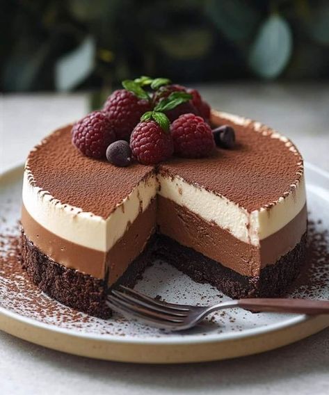 Easy Delish Recipes | Decadent Triple Chocolate Mousse Torte 🍫🍰 | Facebook Chocolate Cheesecake Mousse, Triple Chocolate Mouse Cake, 3 Layer Chocolate Mousse Cake, Triple Chocolate Mousse Torte, Chocolate Moose Cake Recipe Mousse, Dark Chocolate Mousse, White Chocolate Mousse, Torte Recipe, Buttery Cookies