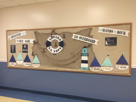 Nautical Bulletin Board All Hands On Deck Bulletin Board, Nautical Bulletin Boards Back To School, Lake Bulletin Board Ideas, Nautical Theme Bulletin Board, Nautical Classroom Door Ideas, Starfish Bulletin Board Ideas, Sailing Bulletin Board Ideas, Coastal Theme Classroom, Nautical Bulletin Board Ideas