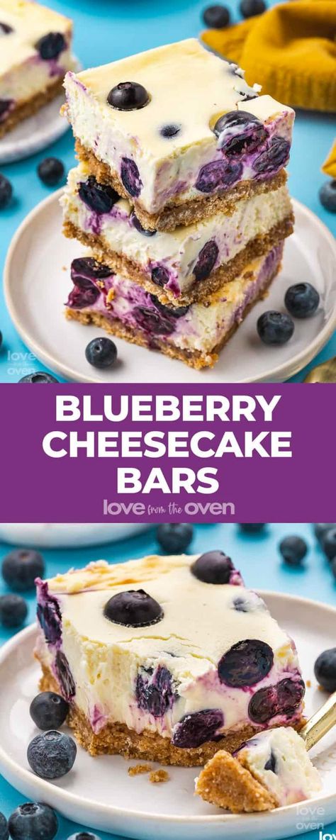 Easy Blueberry Cheesecake Bars Easy Blueberry Cheesecake, White Chocolate Cheesecake Bars, Cream Cheese Squares, Apple Pie Cheesecake Bars, Mint Chocolate Cheesecake, Mini Strawberry Cheesecake, Blueberry Cheesecake Bars, Cheese Squares, No Bake Blueberry Cheesecake