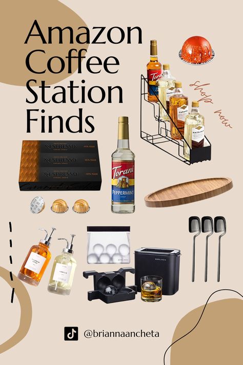 Restock your coffee station with these Amazon coffee bar finds from aesthetic coffee syrups to ice molds to get everything you need to make your hot coffee and ice coffee more fun. You can even stock up on coffee bar organization essentials and Nespresso accessories. (includes affiliate links) Espresso Bar Organization, Espresso Organization, Amazon Coffee Bar Must Haves, How To Organize Coffee Syrups, Espresso Organization Coffee Stations, Organizing Coffee Syrups, Bar Cart Inspiration, Coffee Bar Cart, Syrup Labels