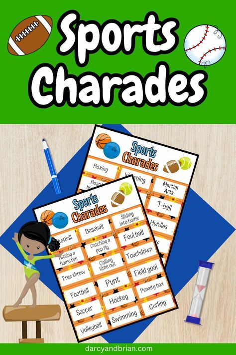 "Add a twist to your next family game night or classroom activity with our sports charades printable.  Our collection of printable charades for kids is an exciting way to engage kids in friendly competition. These games require no preparation, offering a fun print-and-go option perfect for home or school.  With 54 fun prompts, children can explore a variety of sports, from football to gymnastics. It promises laughter and encourages creativity as children take turns performing and guessing the Fun Prompts, Charades For Kids, Classroom Timer, Charades Game, Recycled Paper Crafts, Printable Games For Kids, Classroom Activity, Halloween Math, Autumn Activities For Kids