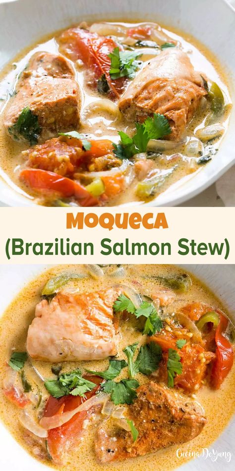 Moqueca (Brazilian Salmon Stew) – CUCINADEYUNG Brazilian Salmon, Salmon Stew Recipe, Marinate Salmon, Fish Dishes Recipes, Brazilian Fish Stew, Salmon Soup, Fish Stew Recipes, Salmon Chowder, South American Recipes