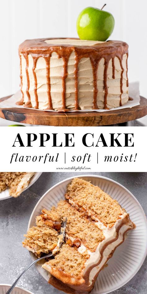 2 stacked images of apple cake: top image of apple cake on cake stand and bottom image of cake slice in plate Vanilla Cake With Apple Filling, Apple Cinnamon Birthday Cake, Fresh Apple Layer Cake Recipe, Apple And Caramel Cake, Layered Apple Cake Recipe, Apple Pie Layer Cake, Brown Sugar Apple Cake, Apple Cake With Maple Frosting, Apple Pie Cake Filling