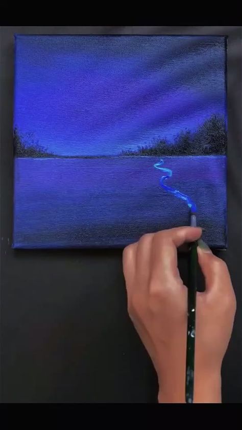 Night View Painting Easy, Painting Aesthetic, View Art, Canvas Painting Tutorials, Easy Canvas Art, Easy Canvas Painting, Painting Art Lesson, Small Canvas Art, Night View