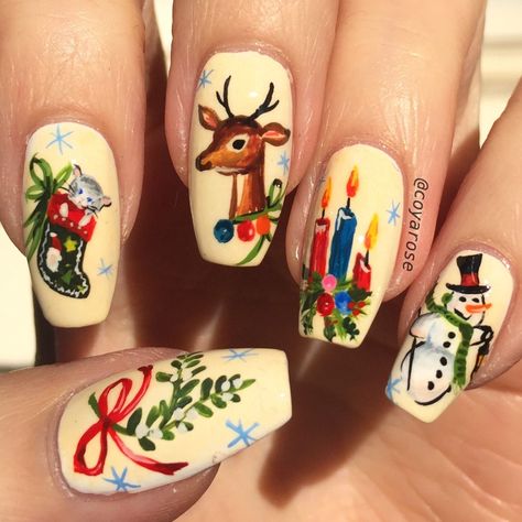 Retro Christmas Nails, Deer Nails, Patriotic Nails Design, Pattern Nails, Pretty Fingers, December Winter, Santa Cruz Mountains, December Nails, Retro Nails