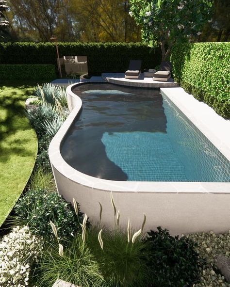 Pool Uk Garden, Pools Backyard Australia, Pool Gardens Australia, Pool Area Ideas Australia, Small Garden Pool, Pool Garden Ideas, Garden Design Large, Small Outdoor Pool, Plunge Pool Ideas