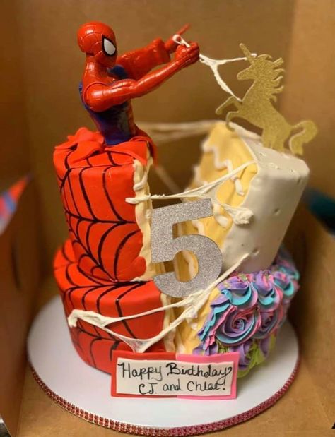 Spiderman unicorn half split cake Marvel Birthday Cake, Anti Gravity Cake, Sibling Birthday Parties, Twin Birthday Cakes, Spiderman Birthday Cake, Split Cake, Mario Cake, Gravity Cake, Big Wedding Cakes