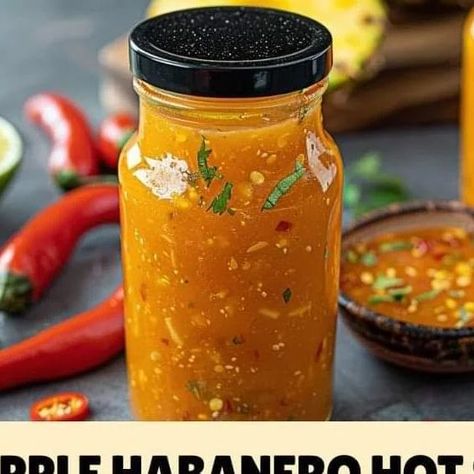 Chef zouheir on Instagram: "🍍🌶️ **Pineapple Habanero Hot Sauce** 🌶️🍍  This flavorful pineapple habanero hot sauce is the perfect way to add a fruity, spicy kick to any dish! 🔥  ⏱️ **Prep Time:** 5 mins  ⏱️ **Cook Time:** 10 mins  ⏱️ **Total Time:** 15 mins  🍽️ **Servings:** 2 cups   📋 **Ingredients:** - 2-3 habanero peppers - 1/2 ripe pineapple - 1/2 onion - 1 cup water - 2/3 cup white vinegar - Juice of 1 lime - 8 slices of peeled ginger (about 1/2 inch piece) - 2 tsp sugar - 1 1/4 tsp salt - 1/4 tsp dried marjoram - 1/8 tsp ground cumin  🍳 **Instructions:** 1. **Prep Ingredients** – Slice the pineapple, habanero, ginger, and onion. Remove seeds and pith from the habaneros if you prefer a milder spice. 🍍🌶️🧅 2. **Simmer** – In a pan, simmer the onion, pineapple, habaneros, and g Homemade Refrigerator Pickles, Pineapple Vinegar, Baked Stuffed Shrimp, Habanero Hot Sauce, Ripe Pineapple, Strawberry Compote, Hot Sauce Recipes, Sweet And Spicy Sauce, Grilled Meats