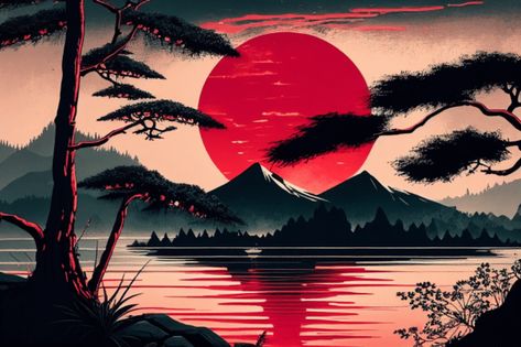 Japanese Wallpaper Tablet, Japanese Sunset Art, Japanese Sunset Painting, Landscape Japanese Art, Red Sun Drawing, Japanese Sunset Tattoo, Red Landscape Wallpaper, Japanese Background Landscape, Japan Art Wallpaper