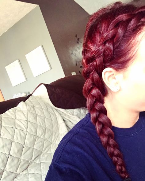 Red Dutch Braids, Dutch Braids With Extensions, Dutch Plait, Braid Long Hair, Hair Wedding Styles, Long Hair Wedding, French Plait, Maroon Hair, Cherry Red Hair