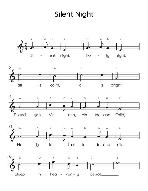 "\"Silent Night\" easy piano sheet music with letters and lyrics is perfect for beginner piano players." Pop Piano Sheet Music, Piano Letters Songs, Piano Music With Letters, Christmas Piano Sheet Music, Piano Christmas, Popular Piano Sheet Music, Piano Songs Sheet Music, Piano Tutorials Songs, Sheet Music With Letters