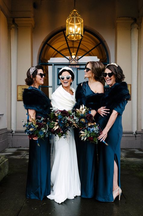 Navy Bridesmaid Dress Winter, Blue Bridesmaid Dresses Winter, Winter Wedding Bridesmaid Dresses, Navy Winter Wedding, Winter Wedding Bridesmaids, Winter Bridesmaids, Blue White Weddings, Winter Bridesmaid Dresses, Navy Bridesmaids