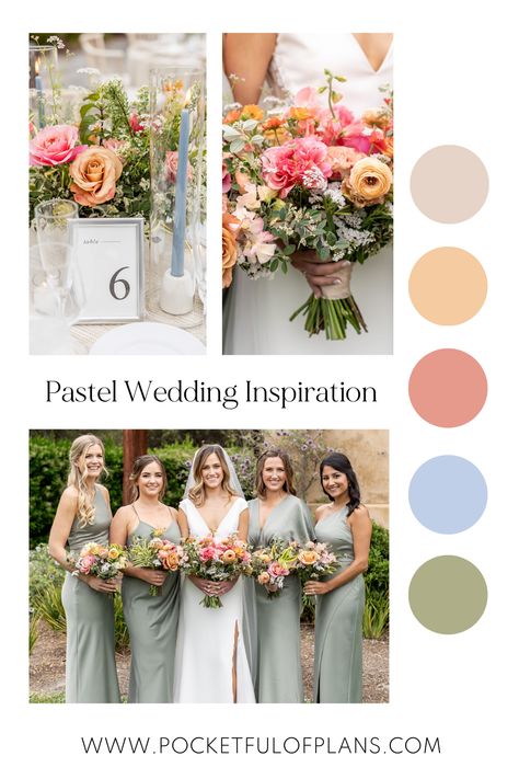 Pastel wedding colors at Pasadera Desert Pastel Wedding Colors, Soft Pastel Wedding Colors, Pastel Wedding Attire, Pastel Wedding Theme Color Schemes Bridesmaid Dresses, Forest Spring Wedding, Summer Color Schemes Wedding, Light Fall Wedding Colors, Earth Tone Pastel Wedding, Summer 2024 Wedding Colors