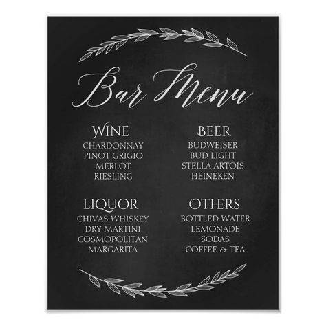 Wedding bar menu in chalkboard background pattern. Great for lots of other occasions like engagement parties, bridal showers, baby showers. You can change the size and it will also looks great with frame. PERSONALIZE THIS PRINT All the elements are movable, you can use the online tool to personalize this print. For a cohesive look, visit my store to see the whole collections of our chalkboard rustic wedding signs. Wedding Signs Rustic, Romantic Rustic Wedding, Wedding Chalkboard Signs, Menu Wedding, Bar Menu Wedding, Rustic Wedding Signs, Rustic Gifts, Rustic Wedding Diy, Rustic Wedding Centerpieces