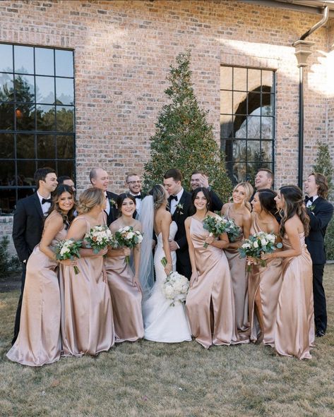 Suit With Champagne Dress, Champagne And Rose Bridesmaid Dresses, Champagne Bridesmaids And Black Groomsmen, Champagne Pink Bridal Party, Champagne Blush Bridesmaid Dresses, Rose Champagne Bridesmaid Dresses, Sand Bridesmaids Dresses, Bridal Party Champagne Dresses, Blush Satin Bridesmaid Dresses