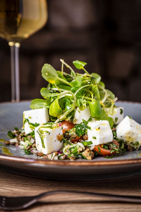 Starter plate of Marinated Feta and lentil Tabbouleh salad with a mint and garlic dressing.
Drink & Dine at our traditional Yorkshire Dales pub, The Gamekeeper's Inn. Fine Dining Salads Ideas, Gourmet Salad Ideas, Fine Dinning Salad, Fine Dining Salad Plating, Salads Plating, Fine Dining Salad, Salad Fine Dining, Lentil Tabbouleh, Salad Plating