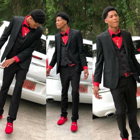 Nothing says bold and daring like black and red outfits for men. Whether you’re looking for something to wear to a formal event or a casual day out wi... Red Prom Guy Outfit, Red Hoco Outfits For Guys, Black Prom Tuxedo Ideas, Red Prom Suits For Men, Red Prom Suits For Black Men, Prom Ideas For Guys, Red Tuxedo For Men Prom, Black Tux Prom, Red Suit Prom