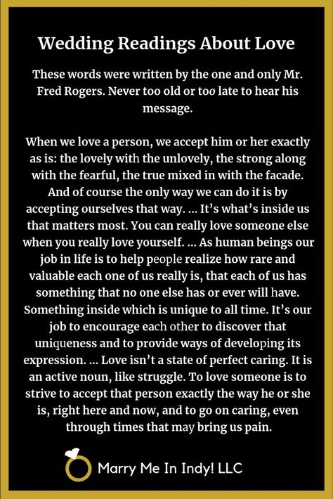 Wedding Ceremony Reading About Love by Mr. Fred Rogers. Readings About Love, Officiant Speech, Wedding Vow Ideas, Vows For Him, Wedding Vows For Him, Wedding Spreadsheet, Modern Wedding Vows, Marriage Blessing, Vow Ideas