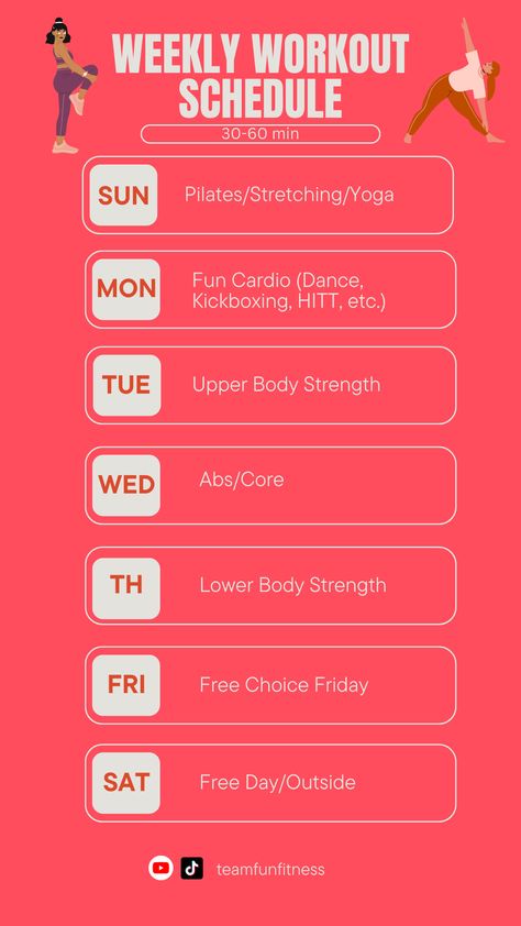 Balanced Workout Schedule, Exercise Schedule Weekly, Pilates Schedule Workout Plans, Easy Workout Schedule, Workout Days Schedule, Pilates Workout Schedule, Weekly Exercise Schedule, Workout Weekly Schedule, Week Workout Schedule