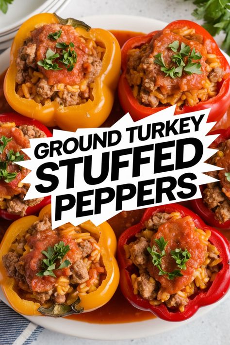 Ground turkey stuffed peppers topped with tomato sauce and parsley. Stuffed Peppers With Turkey Meat, Stuffed Pepper Recipes Healthy, Stuffed Turkey Peppers, Stuffed Bell Peppers Ground Turkey, Ground Turkey And Peppers Recipe, Healthy Ground Turkey Recipes For Dinner, Ground Turkey Stuffed Bell Peppers, Stuffed Peppers With Ground Turkey, Stuffed Bell Peppers Turkey