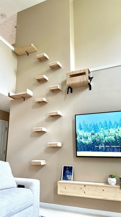 Cat Wall Steps _ Cat Stairs _ Cat Shelf _ Wood Cat Climbing Shelf _ Cat Wall Furniture - Etsy Diy Cat Wall Ideas, Wall Cat Bed, Wall Mounted Cat Bed, Cat Wall Steps, Diy Cat Shelves, Cat Room Decor, Cat Climbing Shelves, Cat Bedroom, Cat Stairs