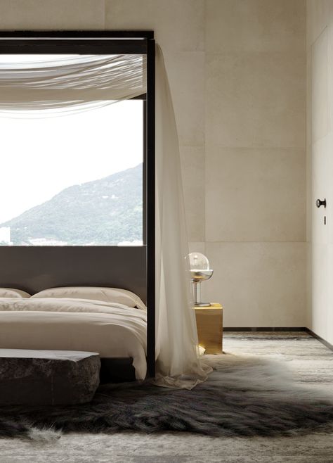 Bedroom that exudes refined sophistication—feminine, elegant, yet strong, making a bold statement. Beige Minimalist Aesthetic, Travertine Floor, Feminine Bedroom, Art Deco Bedroom, Travertine Floors, Table Lighting, French Bedroom, Bed Chair, Travertine Stone