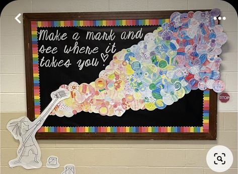 Dot Day Bulletin Board, School Counseling Bulletin Boards, Preschool Classroom Setup, Book Bulletin Board, Display Boards For School, The Dot Book, Bulletin Boards Theme, Transition Activities, Art Bulletin Boards