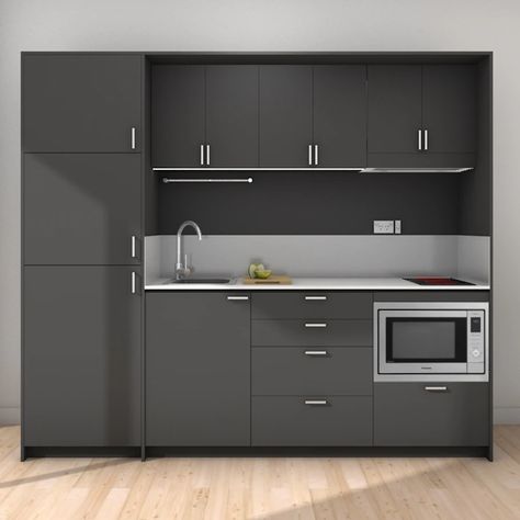 Frost Grey / Black Benchtop | W2400B Black Benchtop, Single Drawer Dishwasher, Wall Kitchen Cabinets, Kitchenette Design, Benchtop Colours, Plumbing Diagram, Glass Showcase, Drawer Dishwasher, Office Lounge