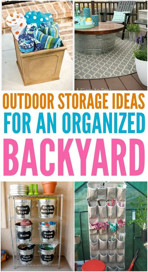 Backyard Storage Ideas For An Organized Backyard - Organization Obsessed Backyard Storage Ideas, Backyard Organization, Patio Organization, Outdoor Storage Ideas, Pool Organization, Outdoor Organization, Pool Storage, Backyard Storage, Diy Bathroom Storage