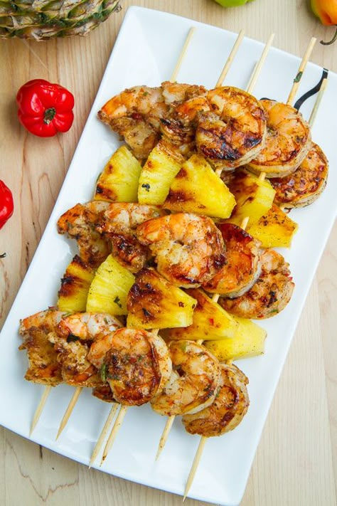 Grilled Jerk Shrimp, Shrimp And Pineapple Skewers, Shrimp And Pineapple, Pineapple Skewers, Jerk Shrimp, Pineapple Skewer, Skewer Recipes, Shrimp Dishes, Think Food