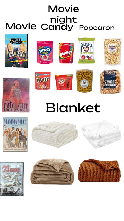 1 movie, 2 candys, 1-2 popcorn, and 1 blanket Teen Movie Night, Movie Night Aesthetic, Movie Night Essentials, Easy Gift Baskets, Movie Candy, Teen Sleepover, Kids Lunch Recipes, Preppy Inspiration, Cute Gifts For Friends