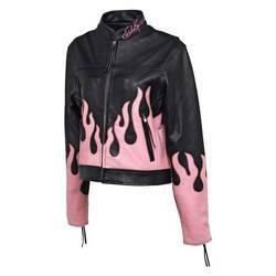 Evel+Knievel®+Ladies+Pink+Flame+Genuine+Leather+Jacket Leather Clothes, Pink Leather Jacket, Best Leather Jackets, Cute Jackets, Lady Biker, Genuine Leather Jackets, Leather Motorcycle Jacket, Leather Moto Jacket, Leather Outfit