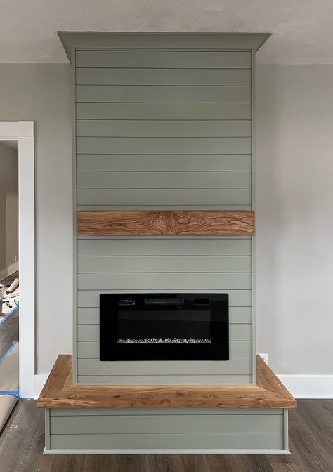 SHIPLAP WITH ELECTRIC FIREPLACE - WindsorONE Green Shiplap Fireplace Wall, Sage Green Shiplap Fireplace, Corner Fireplace Makeover Shiplap, Colored Shiplap Fireplace, Sage Fireplace Wall, Free Standing Fireplace Mantle, Electric Fireplace Hearth Ideas, Shiplap Fireplace Color Ideas, Sage Green Fireplace Wall