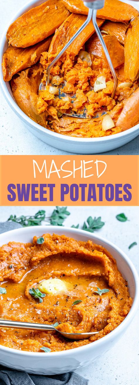 These Healthy Roasted Garlic Mashed Sweet Potatoes are Delicious! Savory Sweet Potatoes, Sweet Potato Recipes Mashed, Stuffed Sweet Potato Healthy, Clean Food Crush, Garlic Mashed, Dinner Side Dishes, Mashed Cauliflower, Mashed Sweet Potatoes, Sweet Potato Recipes