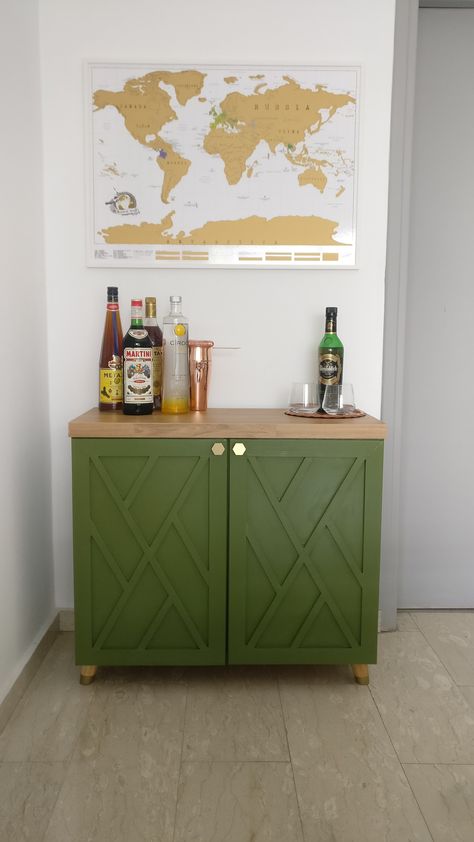 Cabinet Flip, Alcohol Cabinet, Green Liquor, Diy Modern Farmhouse, Mid Century Modern Cabinets, Repurposed Kitchen, Mid Century Cabinet, Wooden Kitchen Cabinets, Old Kitchen Cabinets