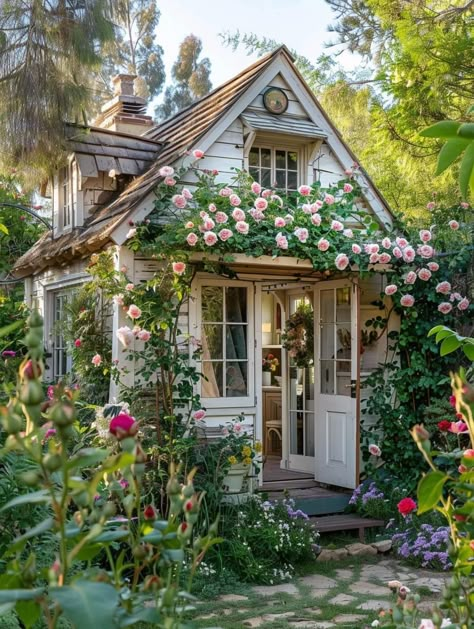 Floral House, Houses Exterior Cottagecore, Fairy Cottage Aesthetic House, Aesthetic House Exterior Small Cottage, Floral Cottage Exterior, Fairytail House Fairytale Cottage, Backyard Office Shed, Cute Cottages, Beautiful Home Gardens