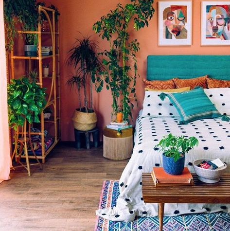 Bohemian Teal Bedroom Ideas and Inspiration | Hunker Orange And Teal Bedroom, Boho Teen Bedroom, Bohemian Bedroom Ideas, Peach Bedroom, Bedroom Teal, Teal Bedroom, Herringbone Wood Floor, Bedroom Orange, Bohemian Bedroom