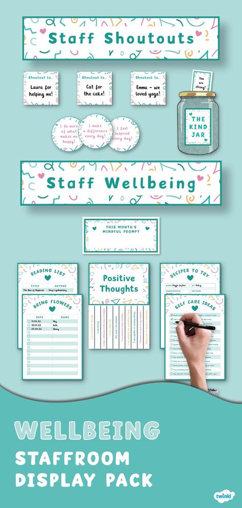 This beautiful Staff Wellbeing Display Pack has everything you need for a calming corner in your staffroom! Designed with beautiful confetti in blue, pink and yellow, the resources are sure to brighten your wall and your day! The resources focus on the wellbeing of you and your colleagues and the activities encourage the spreading of kindness and positivity! Staff Motivation Ideas, Employee Recognition Board, Staff Bulletin Boards, Employee Appreciation Board, Staff Wellbeing, Health Bulletin Boards, Teacher Motivation, Good Leadership Skills, Kindness Projects