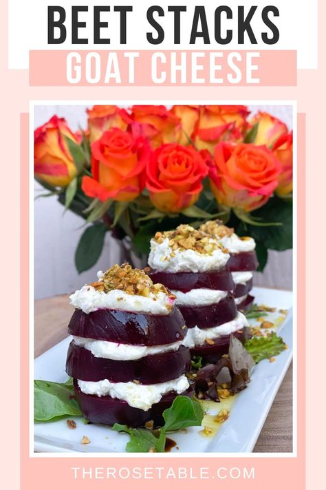 Delicious Goat Cheese Beet Stacks with whipped goat cheese and finely chopped pistachios. EASY recipe. Beet And Goat Cheese Sandwich, Goat Cheese Beets, Beet And Goat Cheese Appetizer, Roasted Beets With Goat Cheese, Appetizer Ideas Easy, Beets And Goat Cheese, Cheese Ball Bites, Goat Cheese Appetizer, Beet And Goat Cheese