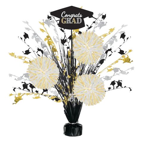 18" Graduation Tinsel Burst Centerpiece, 4ct. | Michaels Senior Breakfast, Grad Party Centerpieces, Graduation Table Centerpieces, Graduation Centerpieces, Black Centerpieces, Graduation Table Decorations, Silver Color Scheme, Graduation Party Centerpieces, Party Expert