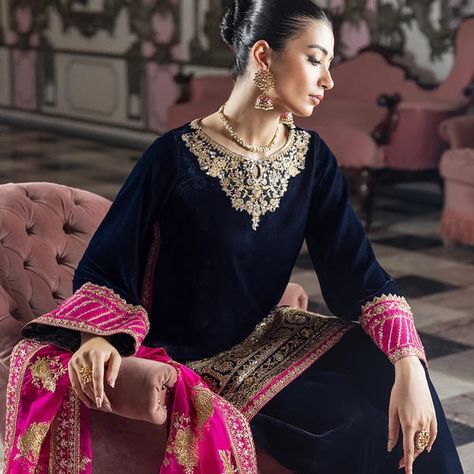 ❤️Now Available ❤️ @zainabchottaniofficial velvet Luxury Formals Collection | Meticulously stitched and accessorized for perfection. Embrace the season’s style with HouseOfAyeza. 💃💐 👉 Explore Now: ✨www.HouseOfAyeza.co.uk✨ . . #houseofayeza #zainabchottani #velvet #pakistanifashion #pakistaniwedding #winterwedding Pink Organza Dupatta, Navy Blue Velvet Dress, Zainab Chottani, Velvet Dupatta, Pakistani Clothes Online, Pakistani Party Wear, Velvet Shawl, Blue Velvet Dress, Pink Embroidery